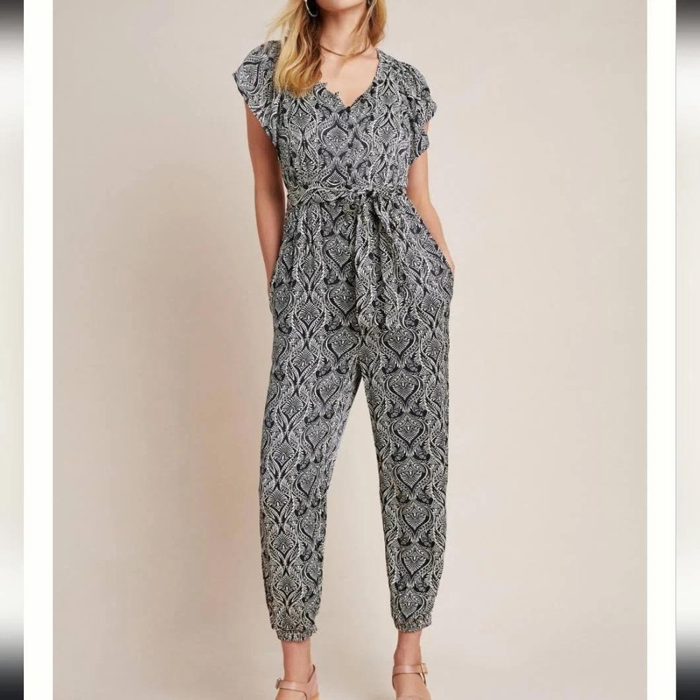 Anthropologie Zadie Black White Paisley Tie Waist Jumpsuit US 14 NWT Romantic